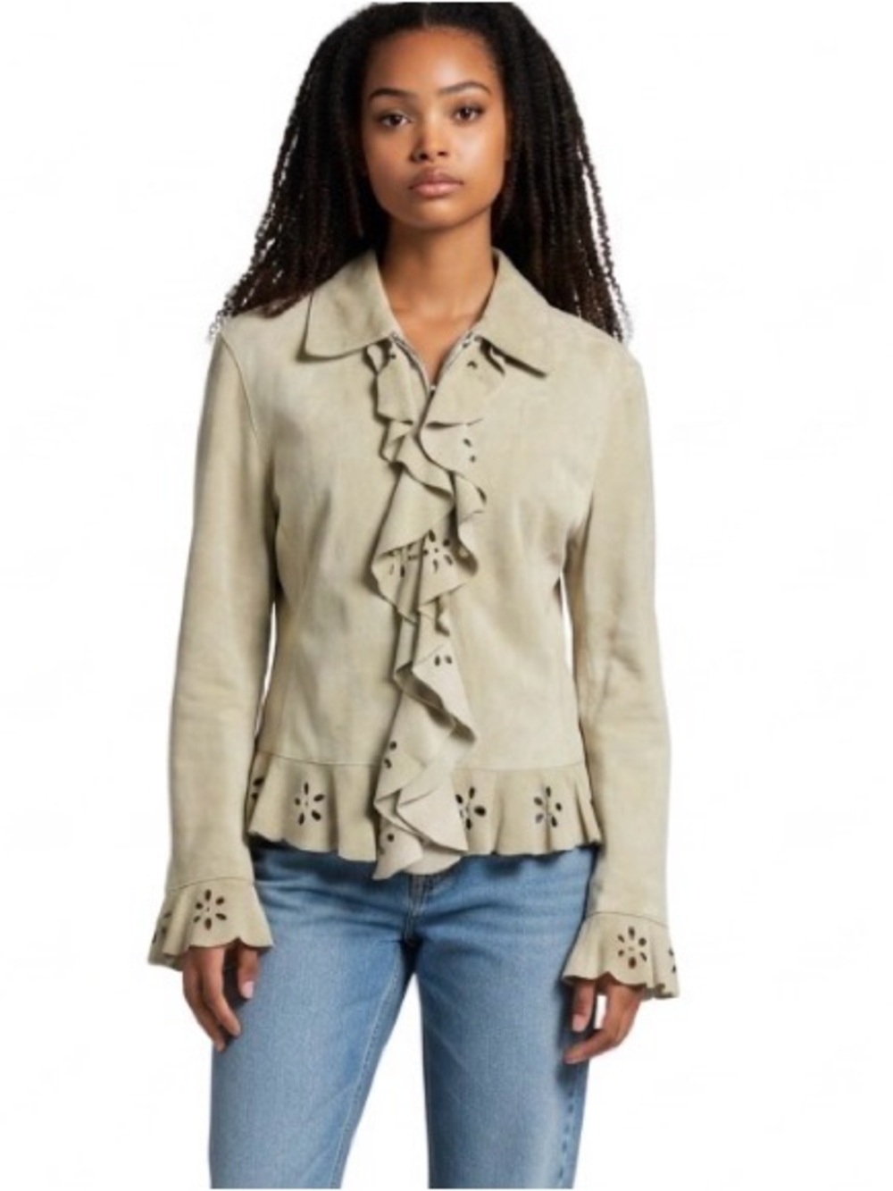 Relativity Ruffled Front Zip 100% Leather Jacket Size M Beige Hippie Boho Light